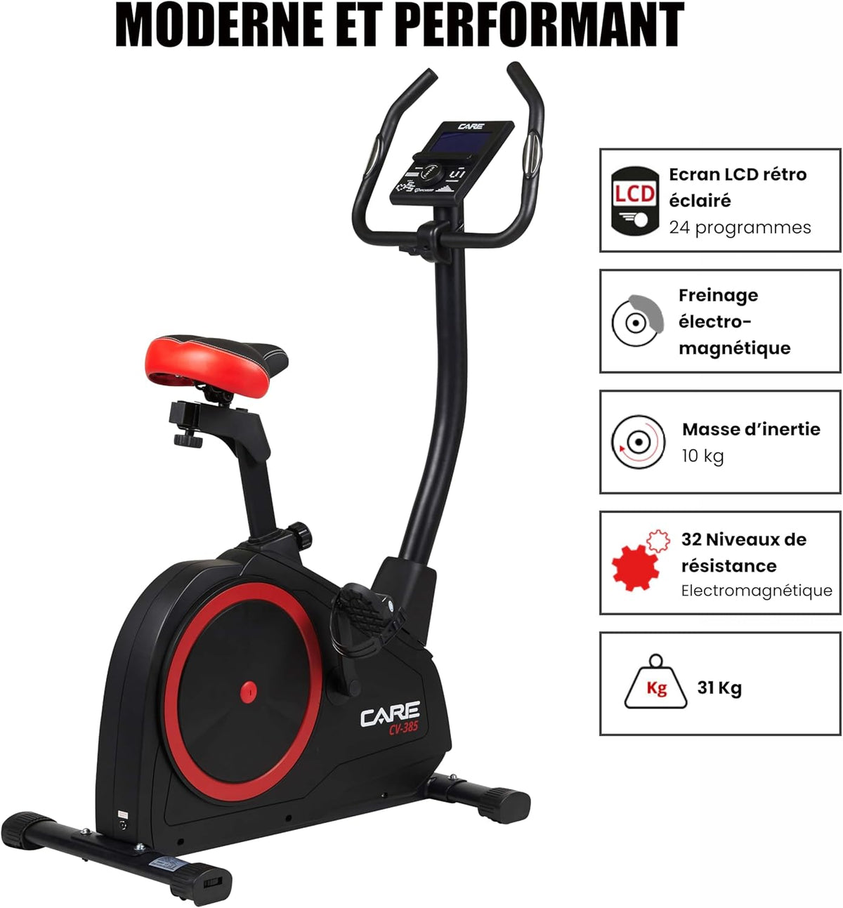 CARE FITNESS - Vélo d’Appartement CV-385-24 Niveaux de Difficulté - 24 Programmes - Compteur LCD Rétro-éclairé - Cardiofréquencemètres - Compatible avec l'application Kinomap - Port USB Noir