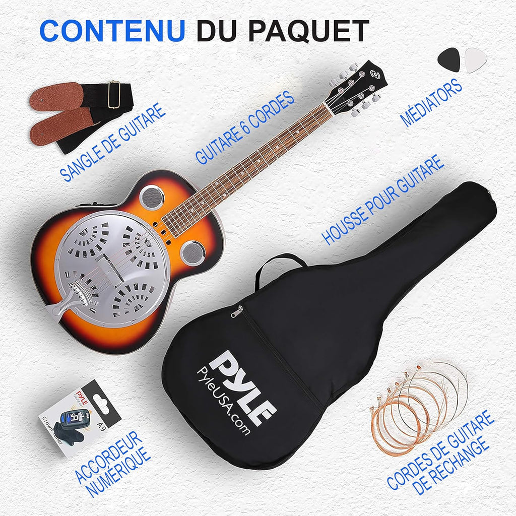 Pyle Guitare - Guitare Electro Acoustique Résophonique, Résonateur Traditionnel à Manche Rond Taille Réelle, Préamplificateur Intégré, Blanc