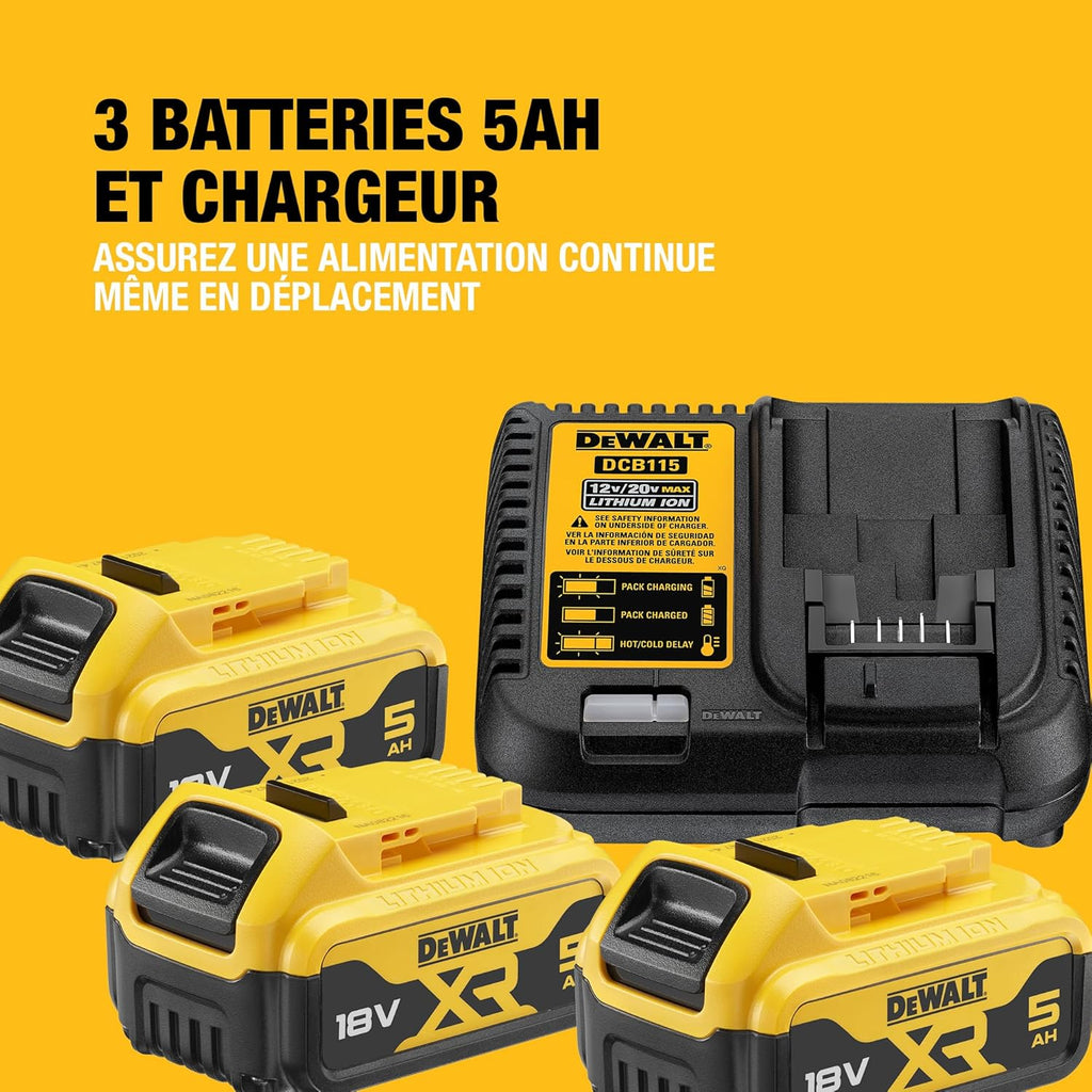 Pack 5 outils XR 18V, 1 perceuse-visseuse, 1 visseuse à chocs à 3 vitesses, 1 scie sauteuse, 1 scie circulaire, 1 lampe LED, 3 batteries 5Ah, 1 chargeur et 2 coffrets TSTAK, DCK551P3T-QW