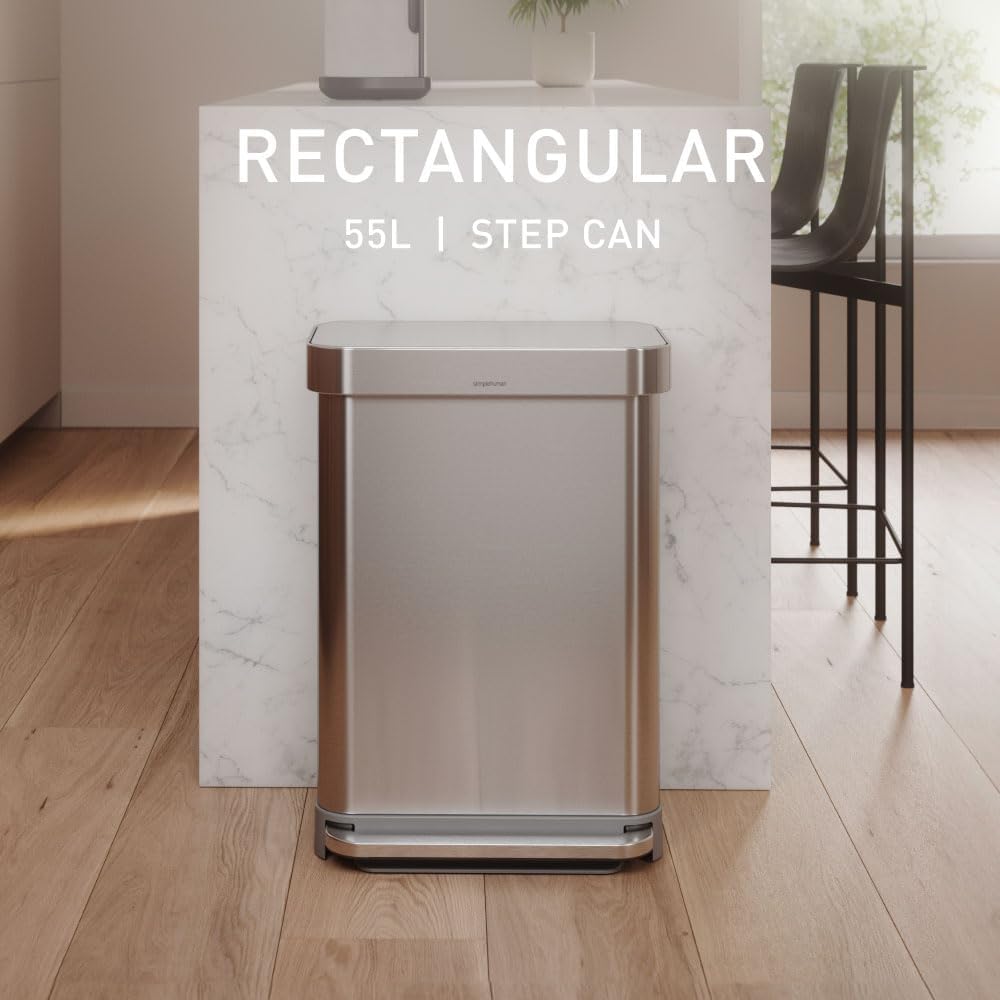 simplehuman CW2023 poubelle rectangulaire à pédale, avec réserve à sacs, poubelle de cuisine, acier inoxydable brossé, 55 litres