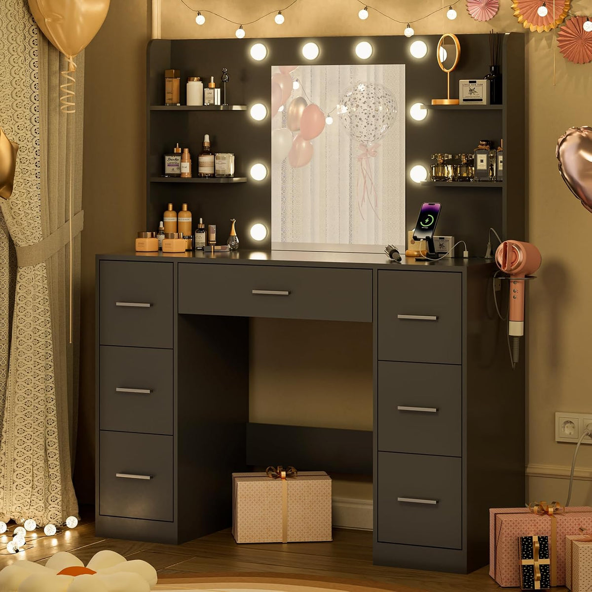 Airfish Coiffeuse LED, tiroir et prise, bureau de maquillage moderne avec étagères, commode pour chambre à coucher