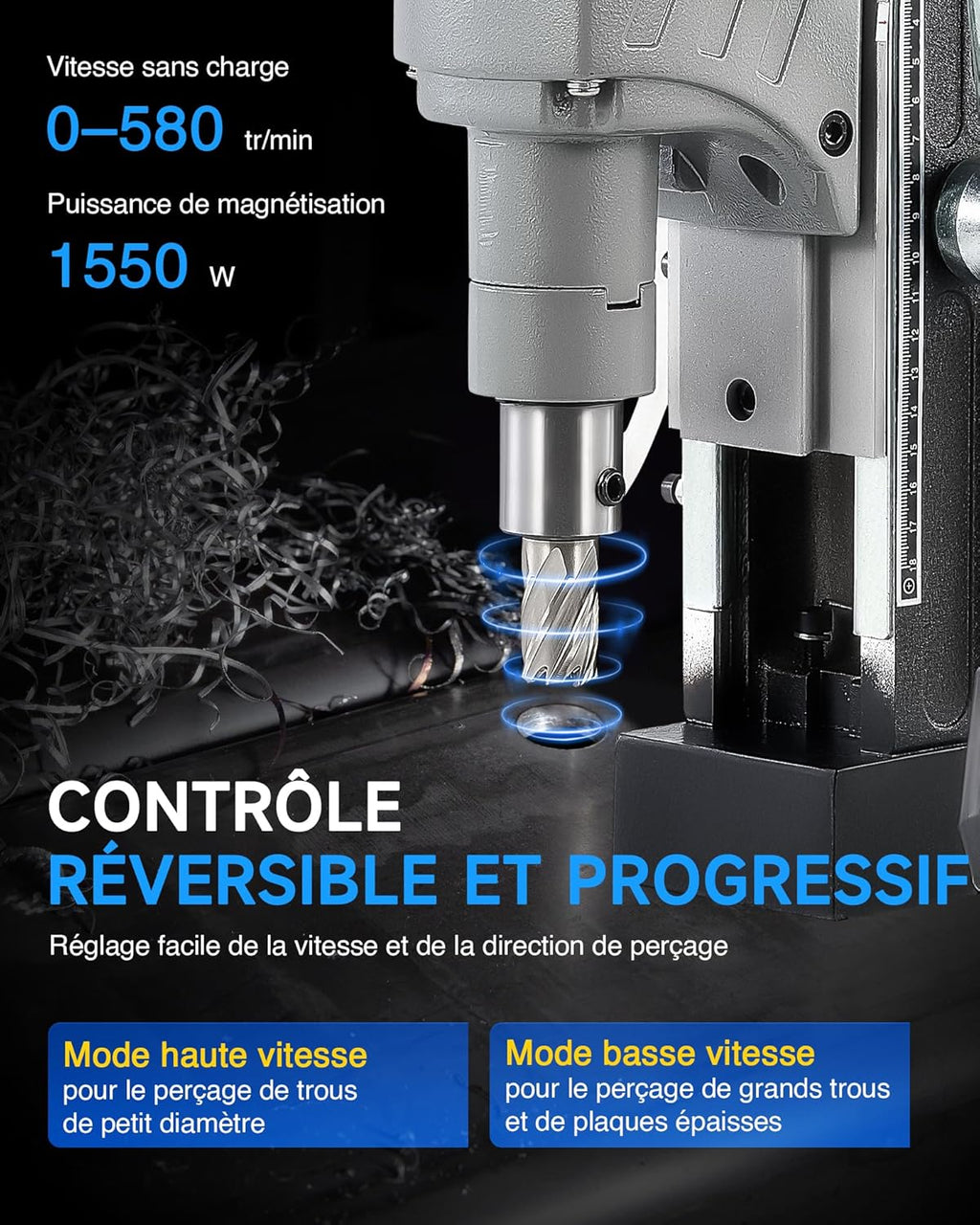 ZELCAN Perceuse Magnétique avec 6 Forets Perceuse à Colonne Électrique Portable 1550W 13000N 580 tr/min Max. Diamètre d'Alésage 50mm Max. Profondeur d'Alésage 50mm