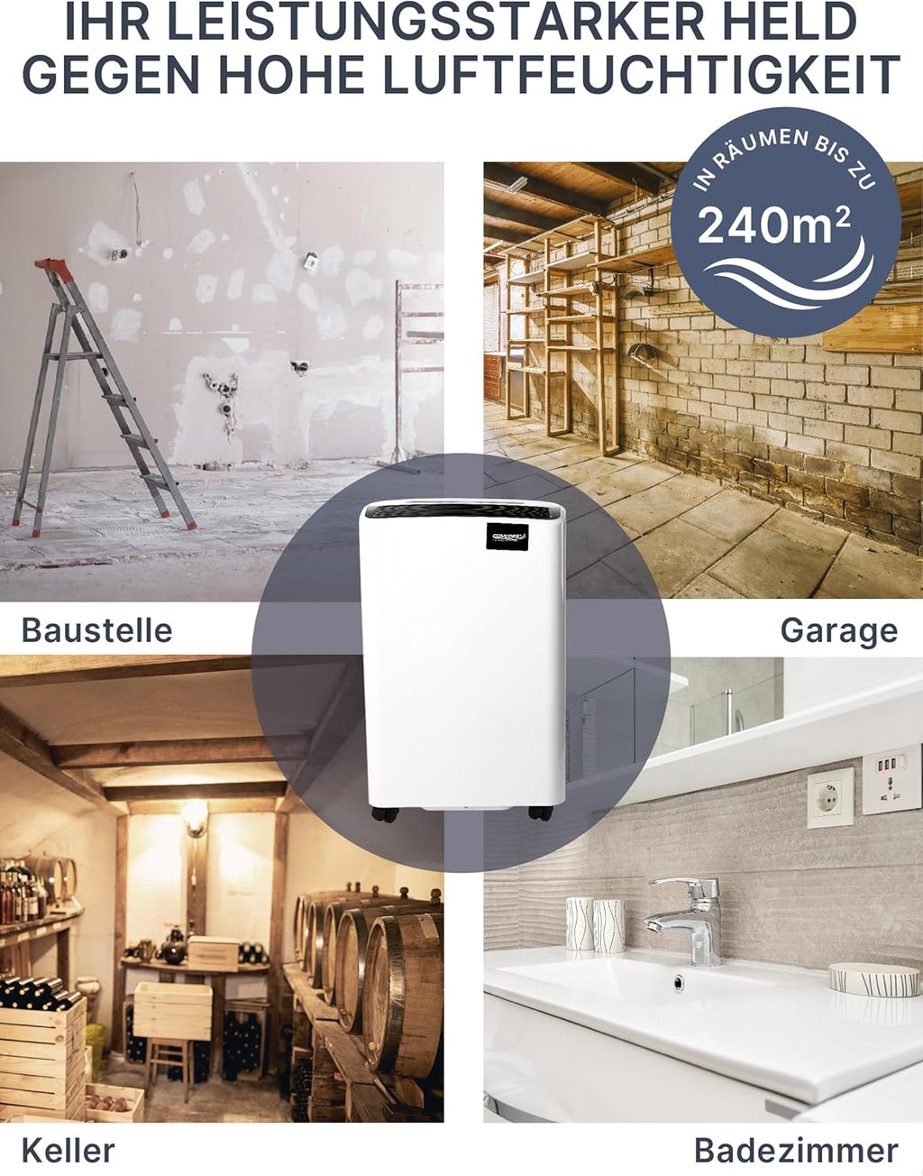 Comedes Demecto 70 Déshumidificateur, 75 l/24 h au maximum, convient aux pièces et aux caves jusqu'à 240 m² / 550 m³