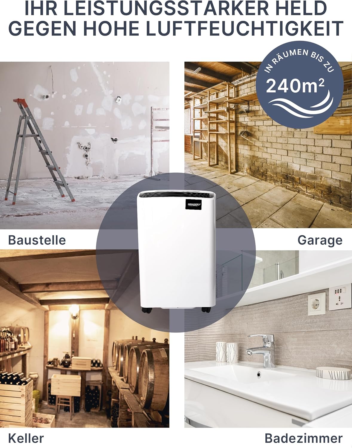 Comedes Demecto 70 Déshumidificateur, 75 l/24 h au maximum, convient aux pièces et aux caves jusqu'à 240 m² / 550 m³