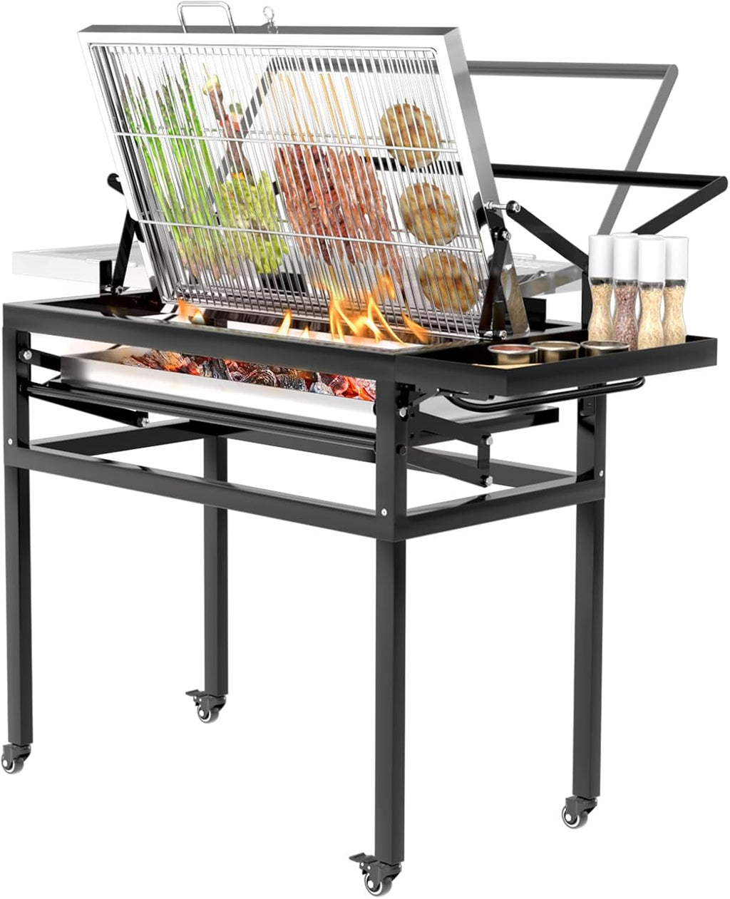 Barbecue au charbon de bois robuste, carré et amovible pour l'extérieur, grille de cuisson rotative 360° et debout avec roues pour camping
