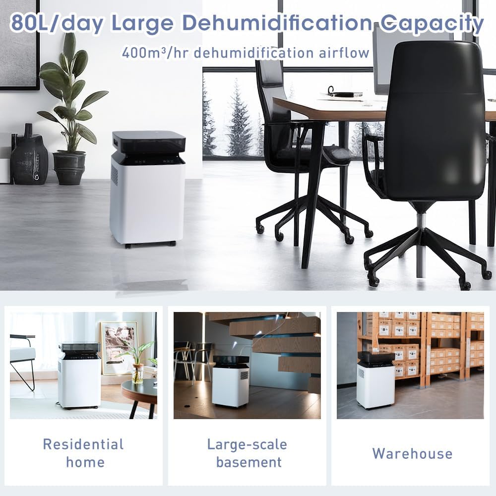 Déshumidificateur Électrique Grande Capacité: 80L/Jour Grande Capacité, Couvre 170m², Pompe de Relevage, Double Ventilation, Silencieux 46dB, Pour Cave/Bureau/Garage/Cuisine/Salle de Bain