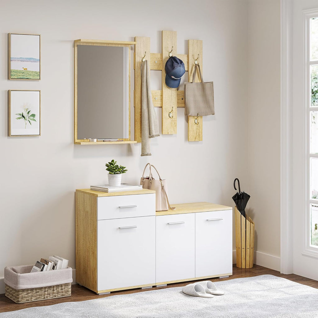 HOMCOM Ensemble d'entrée 3 en 1 avec Cintre, Miroir et Meuble à Chaussures avec Banc en Bois, en Bois et Blanc