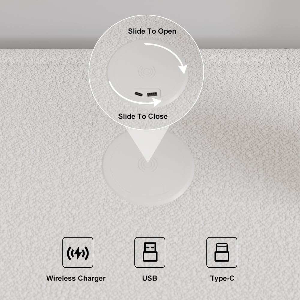 Homary Table de Chevet LED Smart Blanc Bouclé 2 Tiroirs, Recharge sans Fil/Filaire, Pieds Noisetier, Petit Meuble Rangement pour Chambre Adulte
