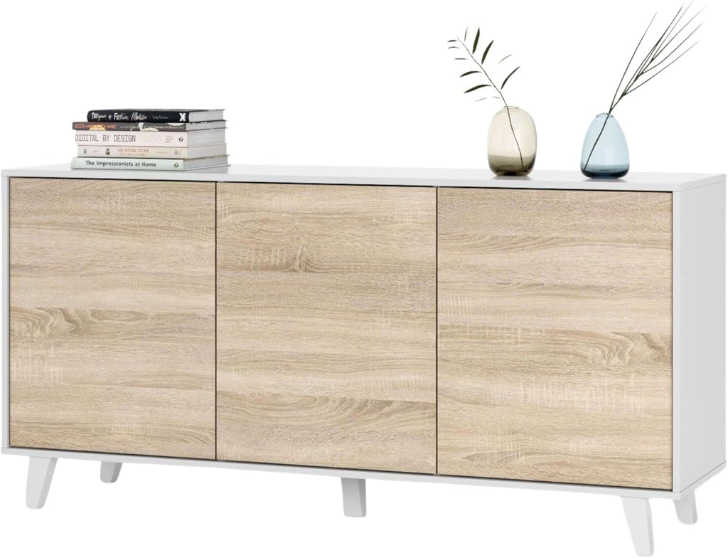Habitdesign modèle Zaiken Plus Buffet, salon salle à manger 3 portes, blanc brillant et chêne canadien, dimensions : 154 x 75 x 41 cm (l x H x P).
