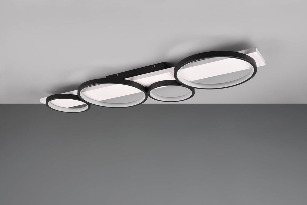 Trio Leuchten Plafonnier LED Medera 643810432, Métal Noir mat, Bois Blanc, avec LED 44 Watt, Interrupteur Dimmer