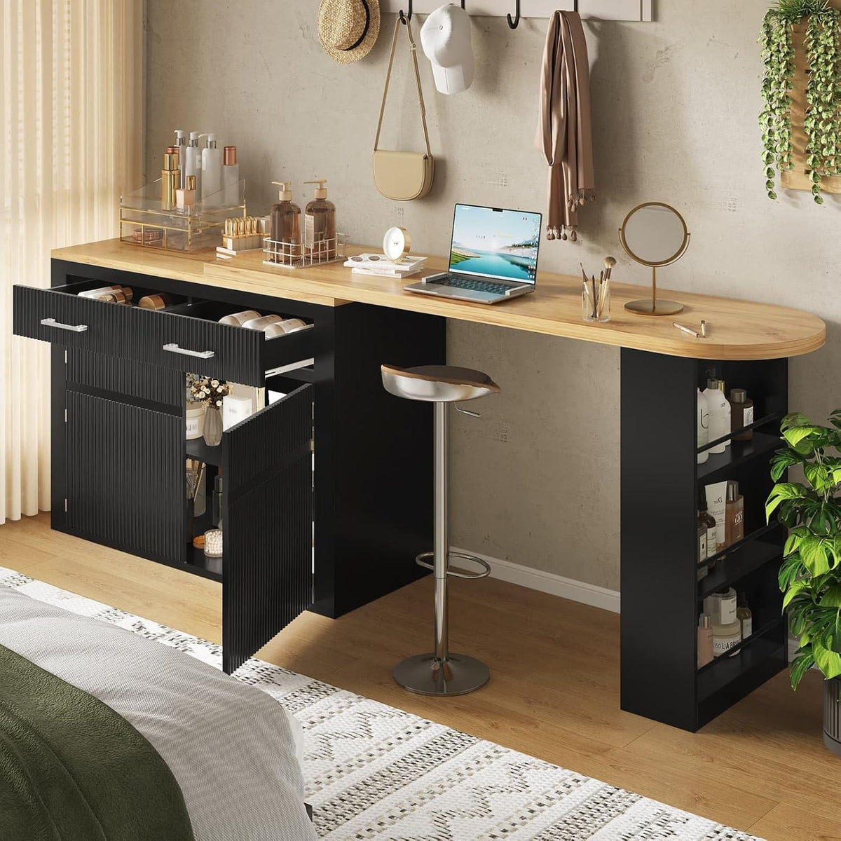 KOMHTOM Table de Bar Extensible avec Espace de Rangement, Meuble Bar avec 2 Portes en Verre, Rotation Libre à 360 °, étagères latérales (Noir-3)