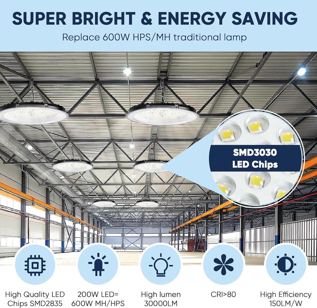 6 PC 200W UFO LED Lights Projecteur,Spot intérieur 30000lm 6000k Froid Blanc, LED High Bay Light ip65 imperméable
