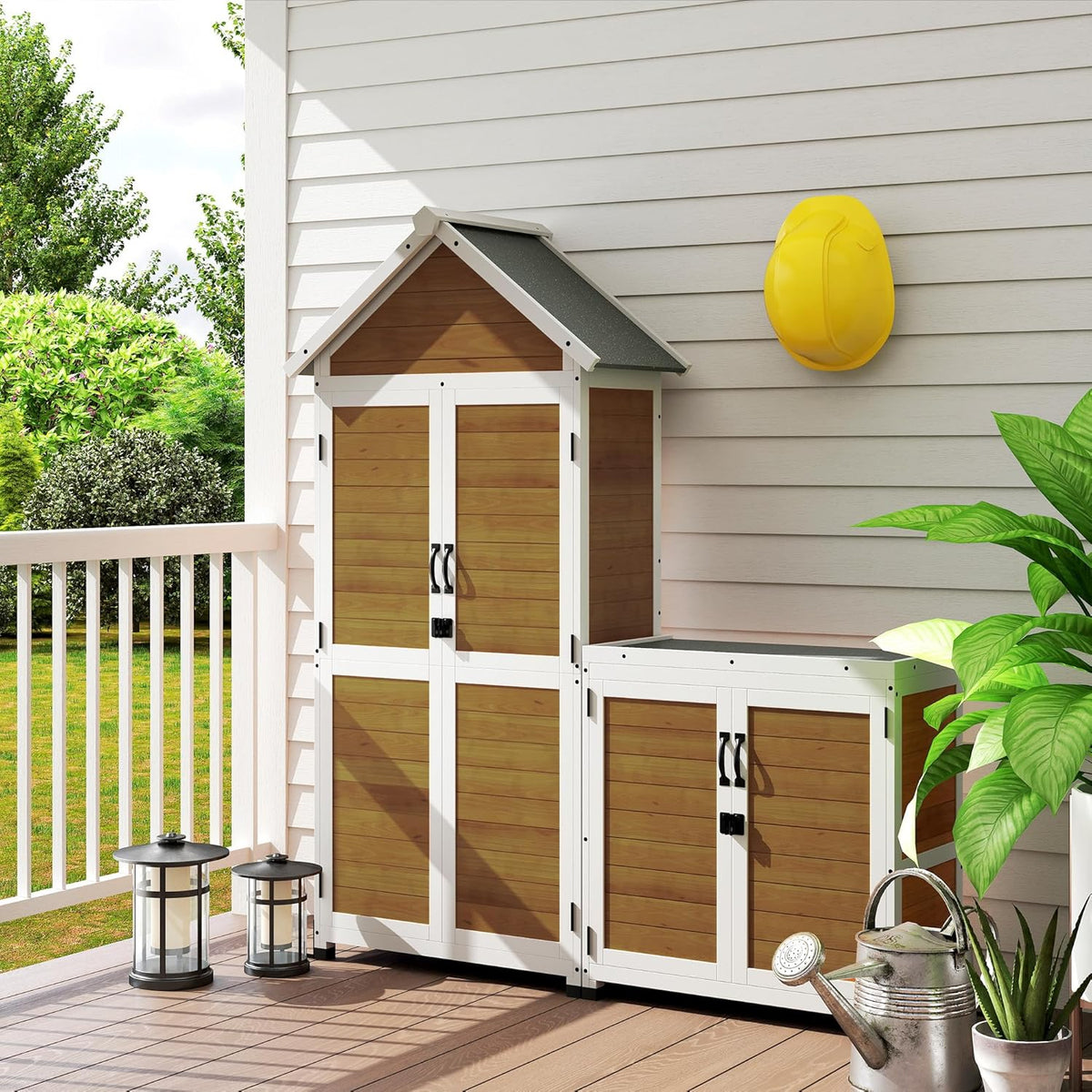 Outsunny Abri de Jardin + Armoire de Rangement en Bois, cabane de Jardin extérieur intérieur avec Toit incliné en Asphalte, étagères et Portes verrouillables, Armoire à Outils pour Balcon, Naturel