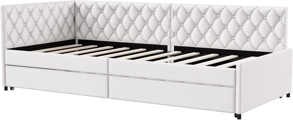 JYCRA Lit gigogne 90/180x200 cm,canapé lit 90x200 cm,Extensible,avec sommier à Lattes en Bois,Dossier Confortable avec Finition en Losange,Tissu en Velours Beige