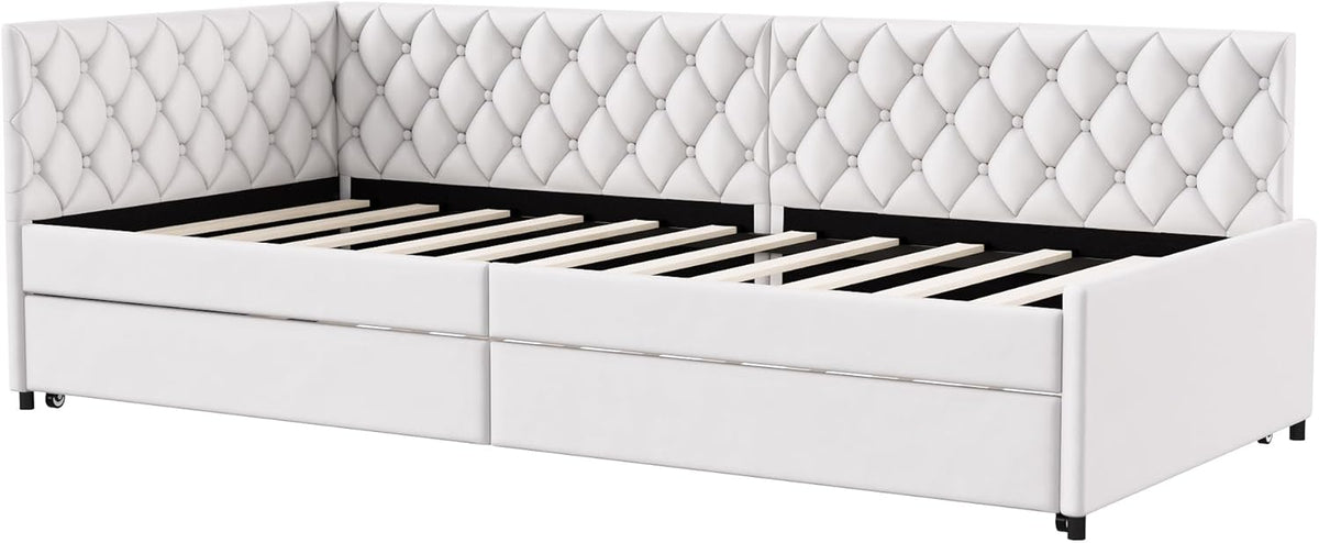JYCRA Lit gigogne 90/180x200 cm,canapé lit 90x200 cm,Extensible,avec sommier à Lattes en Bois,Dossier Confortable avec Finition en Losange,Tissu en Velours Beige