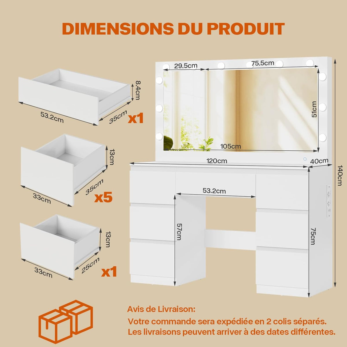 TRIUMPHKEY Coiffeuse avec Grande Miroir et Multiprise, 12 Ampoules LED Réglables, Table de Maquillage avec 7 Tiroirs, Rangement de Bijoux, 120x40x140cm Grande Commode Moderne Blanc