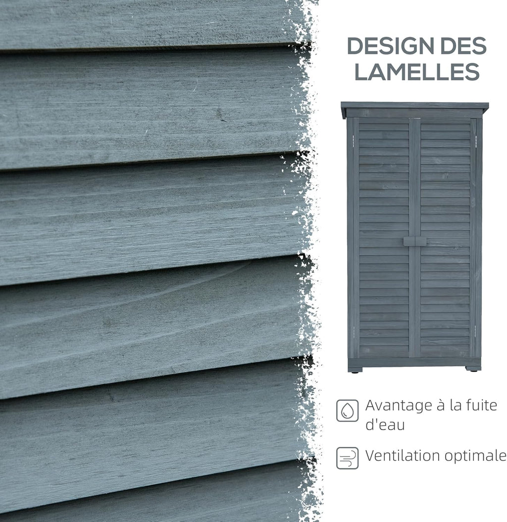Outsunny Abri de Jardin abri à Outils sur Pied en Bois 2 étagères Portes à Volets Toit en Bitume incliné 87 x 47 x 160 cm Gris