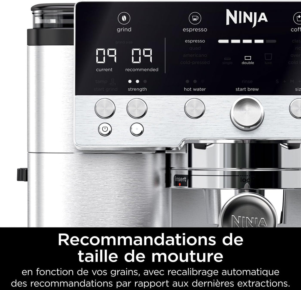 Ninja Machine à café Luxe Premier 3-en-1, Latte, Cappuccino, Infusion à froid et Espresso avec broyeur à grains et mousseur à lait intégrés, facile à utiliser, 4 préréglages mousse, argent, ES601EU