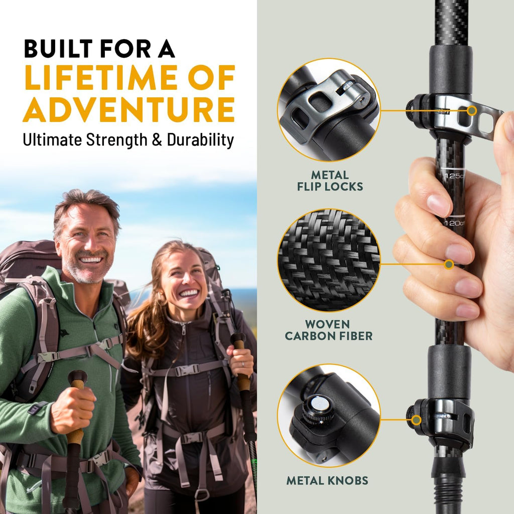 Pôles de Trekking 100% Fibre de Carbone de la Marque USA – Poles de randonnée Ultra Solides, légers, Pliables avec poignées en liège ou Mousse EVA et Fermetures à Rabat réglables Rapides