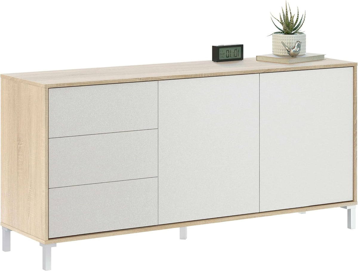 Habitdesign Modèle Brooklyn Buffet 2 portes + 3 tiroirs Finition chêne canadien et Blanc Artik , dimensions : 74 x 154 x 41 cm H x l x P .