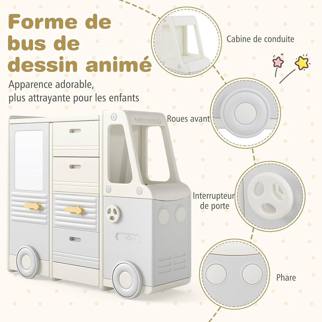 COSTWAY Meuble de Rangement Jouet Enfant en Forme Bus avec 4 Tiroirs & 3 Placards, Étagère de Rangement Jouet en HDPE avec Tableau Blanc, Bibliothèque Enfant de 3 Ans+ pour Salle de Jeux Chambre Salon