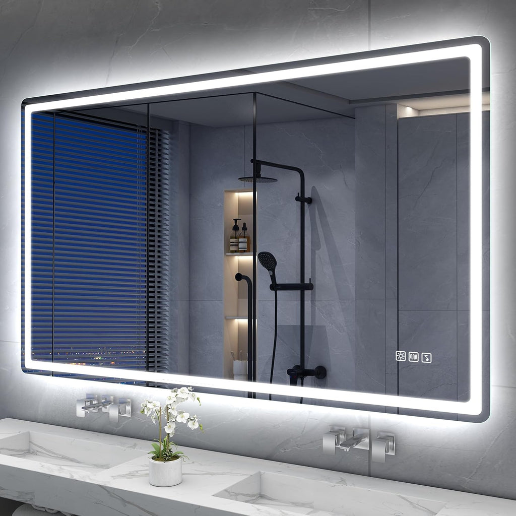 S'bagno Bluetooth-Miroir-Salle-de-Bain-avec-Eclairage-120x70cm, Miroir-LED-Salle-de-Bain Anti-buée, 3000K-6500K, Dimmable, Mémoire, Verre trempé HD, IP44-Miroir-Salle-de-Bain-Led, Horizontal/Vertical