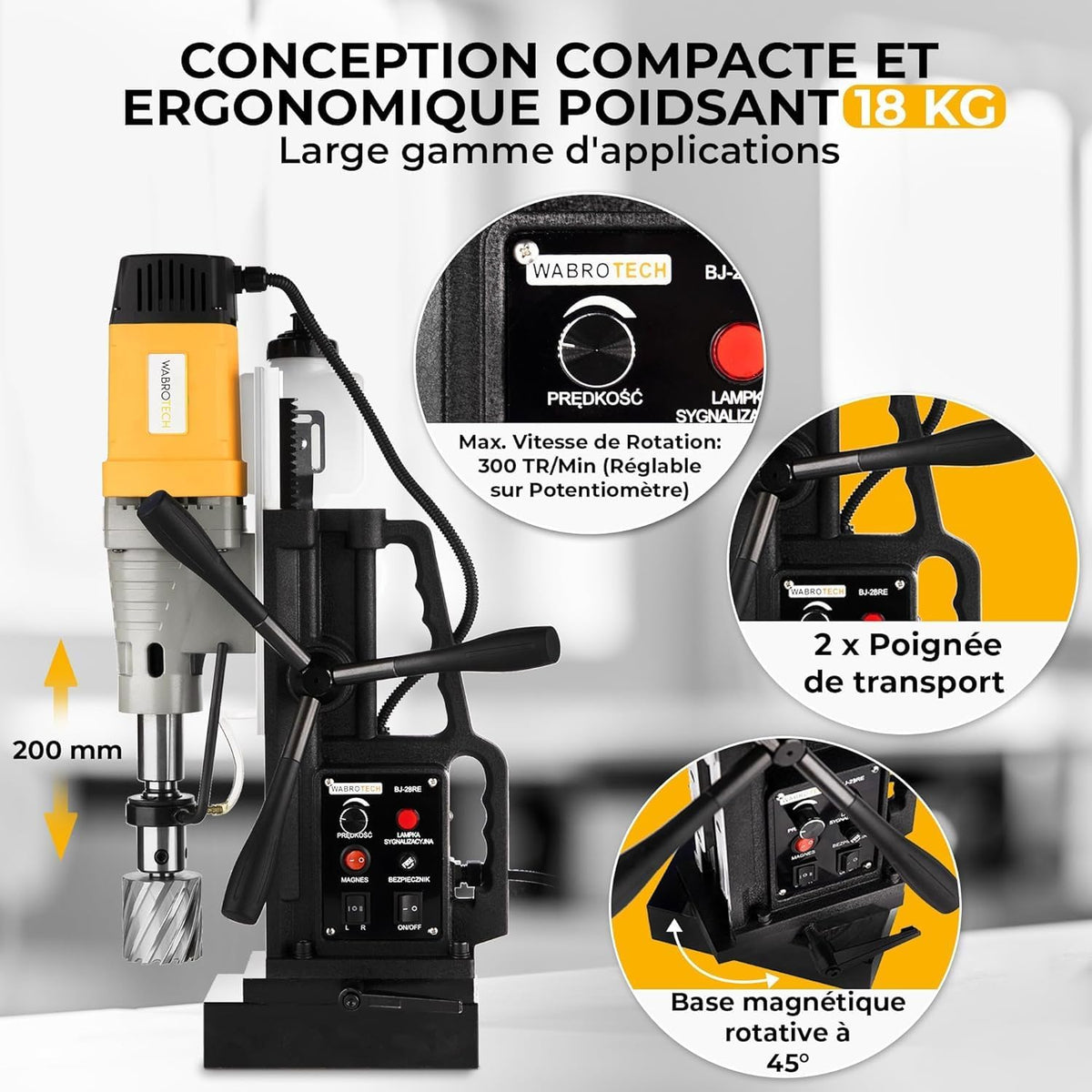 Perceuse Magnétique Carotteuse Fraiseuse Colonne Électro-Aimant WT28RE, FI 60 MM SET 3 2.080 W, 300 tr/min, diamètre Carottage max. 60 mm,diamètre Diamètre de perçage plein : 28mm +