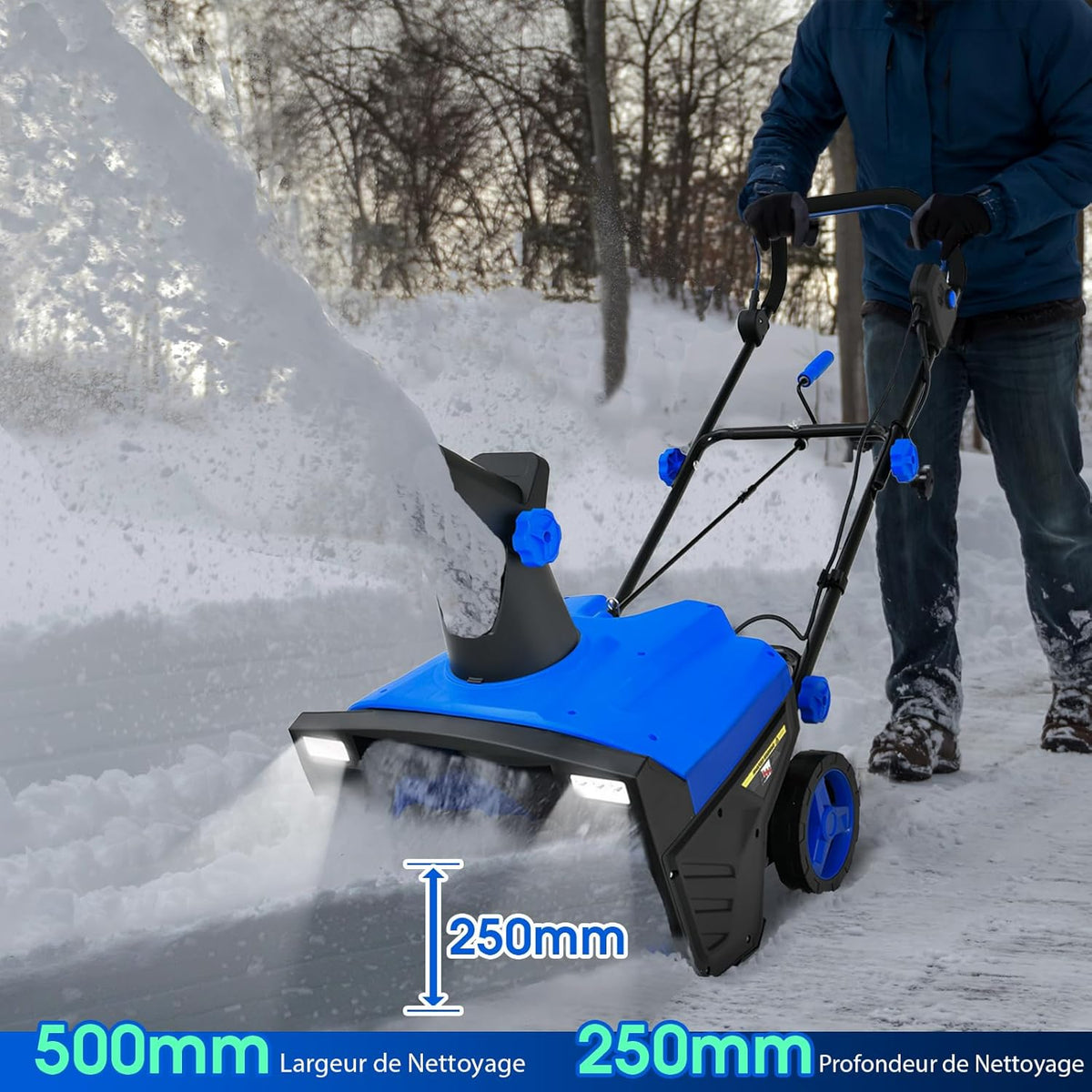 GYMAX Déneigeuse Électrique avec Lumières, Lame 50x25cm, Vitesse 3000rpm, Distance de Jet de Neige 9 m, Goulotte d'Éjection Réglable, Fraise à Neige à Brancher(Bleu)