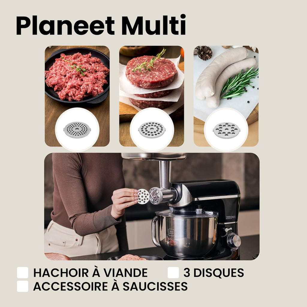 ZEEGMA PLANEET MULTI Robot Planétaire 1900W 3-in-1, Robot de Cuisine Multifonction avec bol de 6,2 L, Poignée et Couvercle, Gobelet Mixeur, Hachoir 6 Vitesses