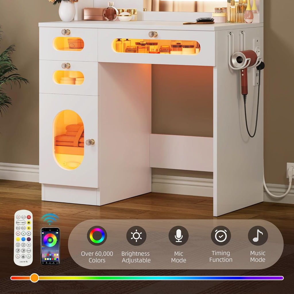 YITAHOME Coiffeuse avec Miroir à LED, 3 tiroirs, 2 étagères, luminosité réglable avec 3 Niveaux d'éclairage, Blanche
