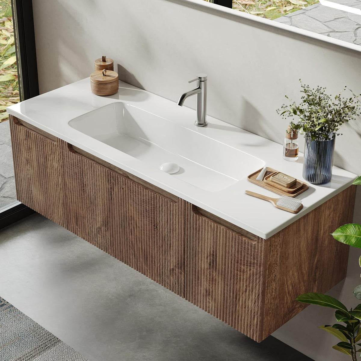 BRIDGE BENO Meuble-Lavabo Mural De 120 cm avec Lavabo en Résine Minérale, Tiroir Et Porte, Ultra-Mince, Fermeture en Douceur, Accent Nervuré, Adapté Aux Grandes Salles De Bains, Forest Walnut