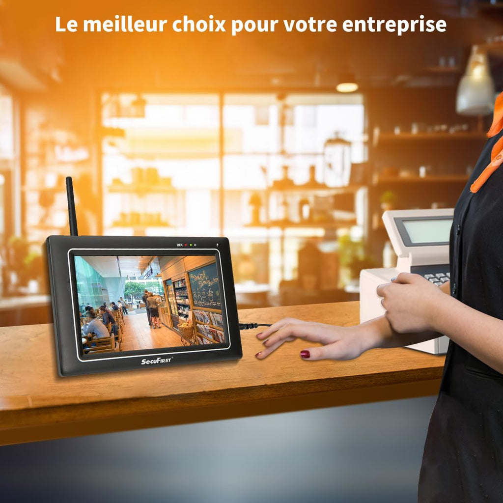 SecuFirst Kit 2K Caméra de Surveillance Extérieure sans Fil avec Moniteur intérieur,Écran Tactile 7",Vidéo Babyphone Camera,Travailler sans WiFi,Détecteur de Mouvement, Carte SD 64 Go, Interphone