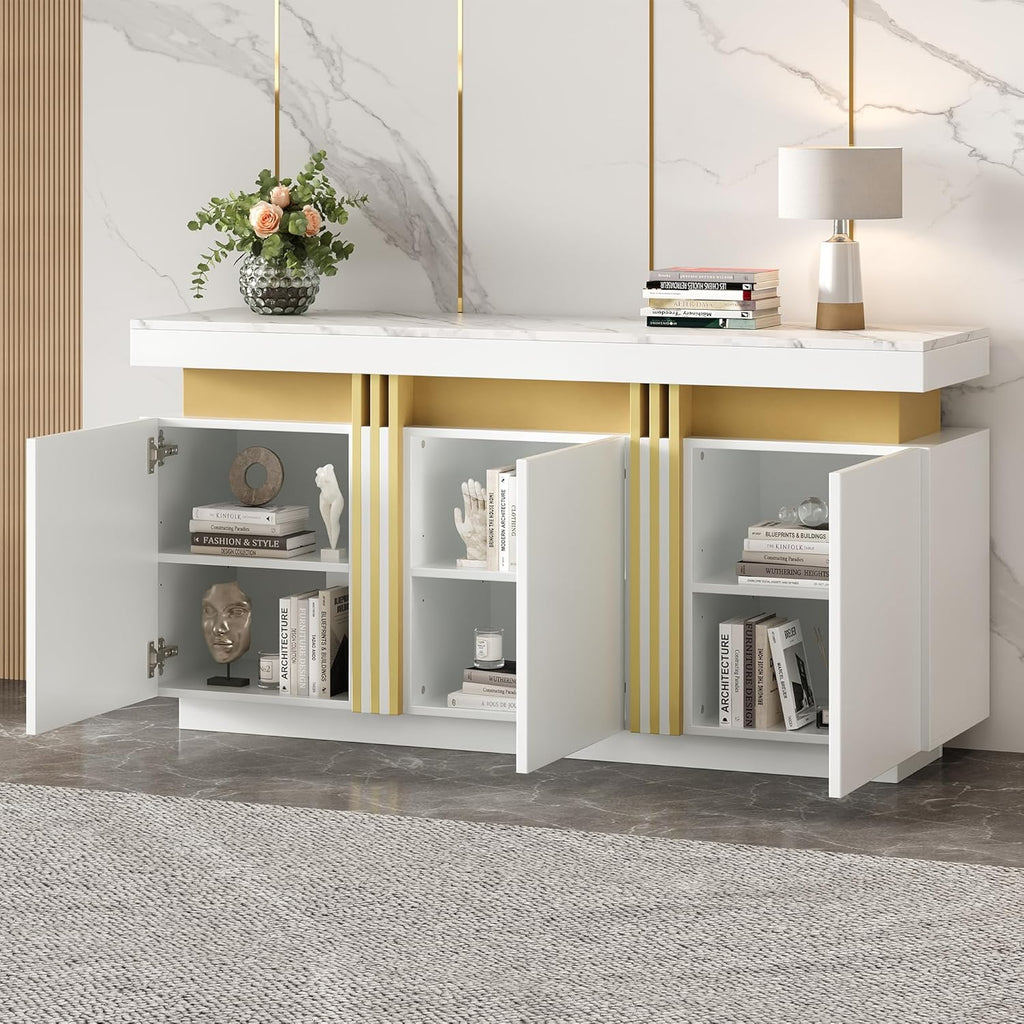 Merax Buffet - Armoire de cuisine avec 3 portes - Armoire de rangement moderne avec plan de travail - Étagère réglable - Armoire de salle à manger pour salon, salle à manger, couloir - Aspect marbre