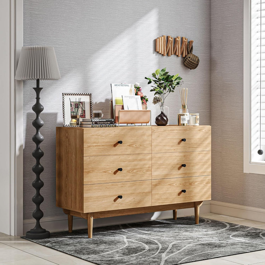 HOMCOM Commode 6 tiroirs, Meuble de Rangement avec Pieds en Bois Massif, Finition Bois veiné, 120 x 40 x 80 cm, Marron Clair