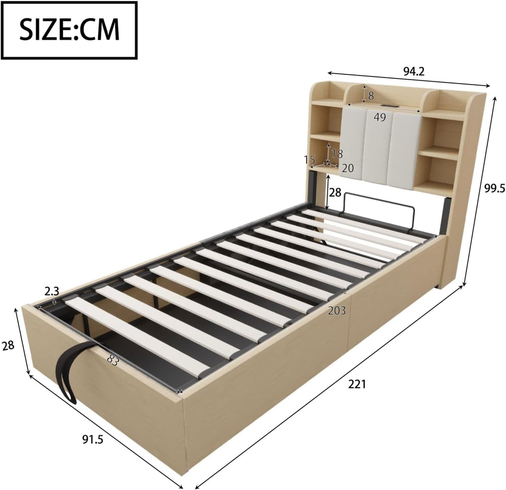 EURHCIO Lit Une Place 90x200 avec Ports USB/C,Tête de lit à Rangement,Lit Coffre avec Sommier à Lattes Solide,pour Ado Adulte Naturel, 90x200