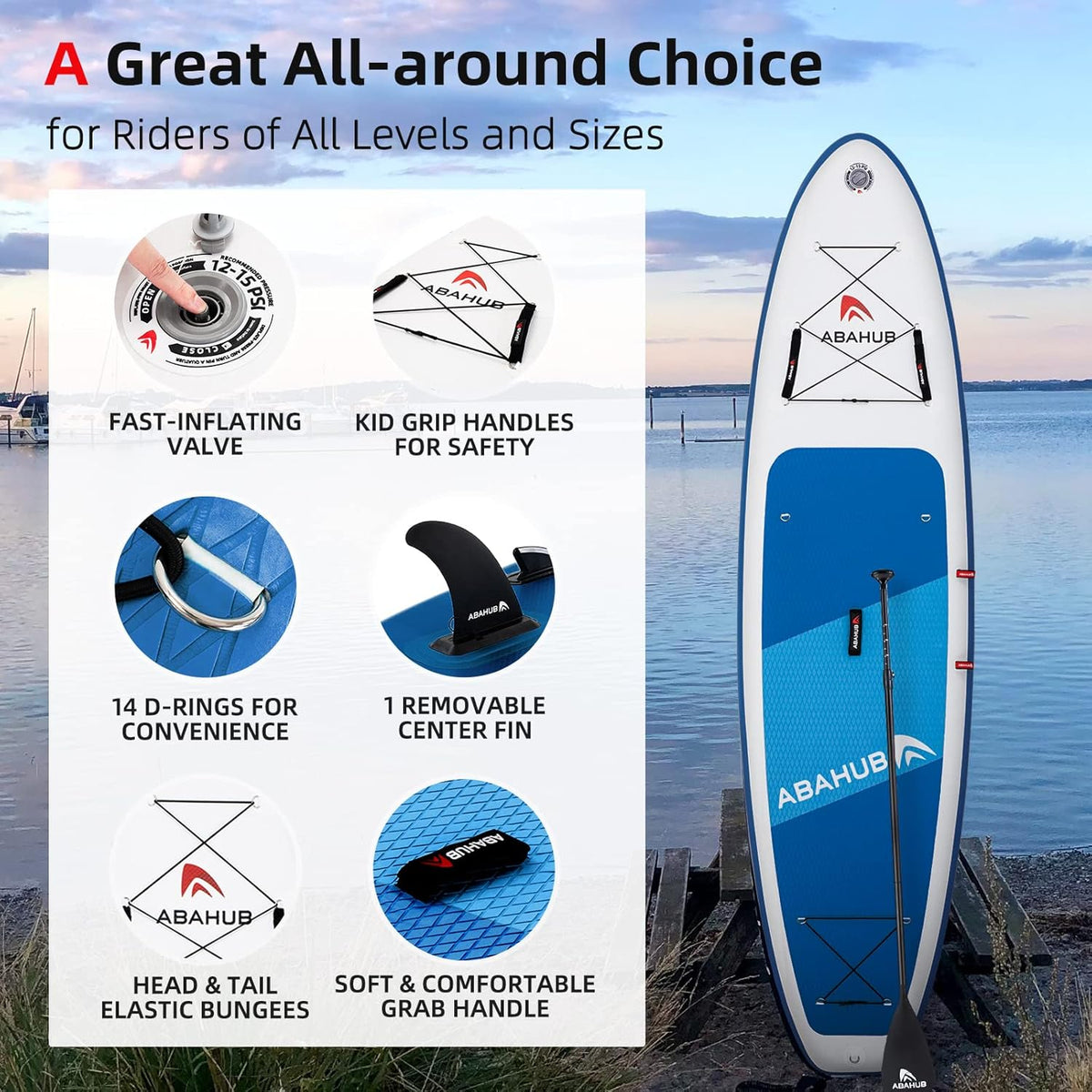 Abahub Planche de Sup Gonflable, 320x78x15cm Ensemble de Planche de Stand Up Paddle, Bleu/Vert/Orange avec Pagaie Aluminium Réglable, Siège Kayak