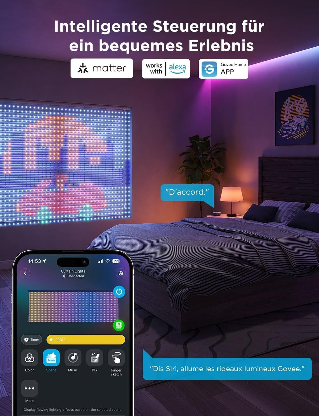 Govee Curtain Lights 3 × 2 m, Rideau LED Intelligent avec GIF DIY, 1040 RGBIC LEDs, Décoration Dynamique Intelligente, IP65 Max Etanche, Compatible avec Alexa, Décoration de Noël, (3 x 2 m)