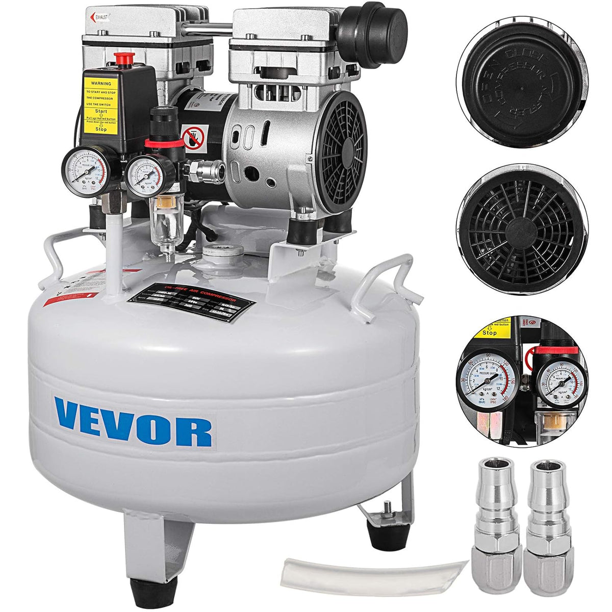 VEVOR Compresseur d’Air sans Huile Compresseur Silencieux à Air Comprimé Compresseur Outil d’Atelier pour Réparations Domiciliaires, Gonflage de Pneus (30L 850W, Électrovanne)