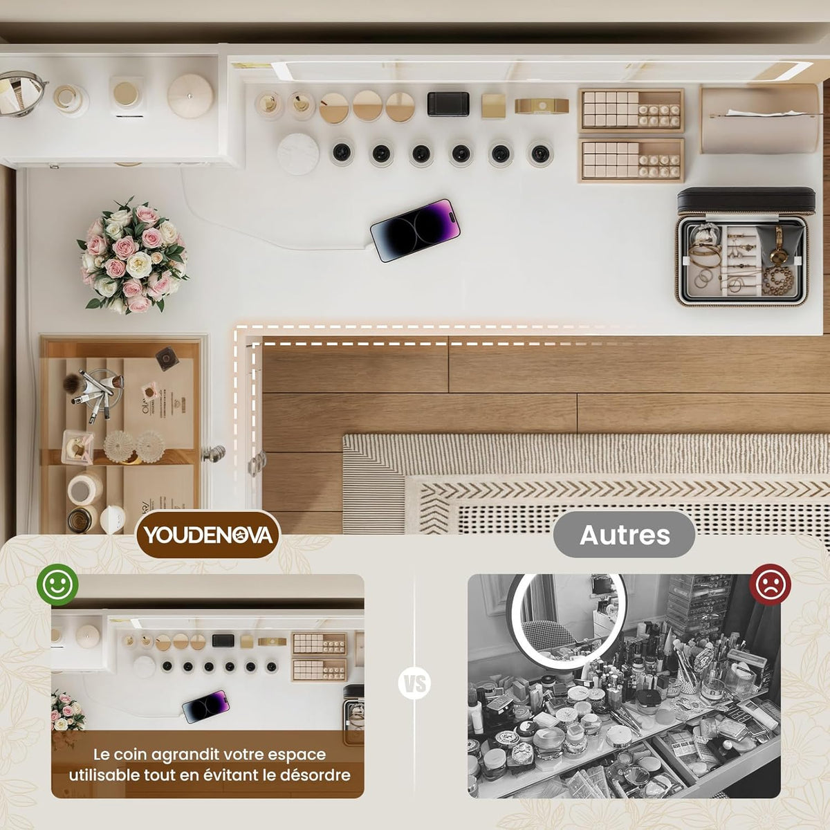 YOUDENOVA Table de maquillage avec grand miroir, coiffeuse d'angle en forme de L avec éclairage LED réglable et prises, luminosité réglable, armoire à 3 tiroirs, 7 compartiments ouverts, blanc