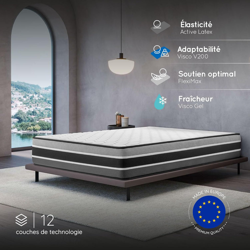 COSMOS - Matelas Feliz 180x200-30 cm Très Épais - Accueil Mousse mémoire de Forme + Blue Latex - Soutien Ferme - Réversible Face été/Hiver - Soutien 7 Zones - Sommeil Isolé - Fabriqué en Europe