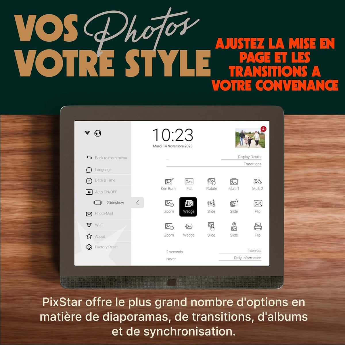 Cadre Photo numérique WiFi 10 Pouces Pix Star - Stockage Gratuit et illimité sur Le Cloud Detecteur de Mouvement - Cadres Photo numérique