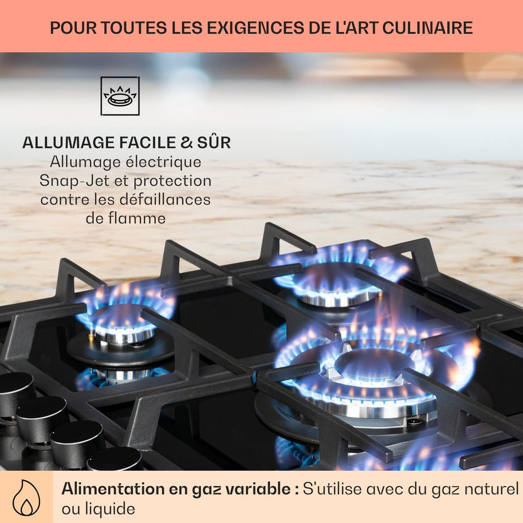 Klarstein 10.4 kW Inox Plaque de Cuisine Gaz Encastrable 5 Feux, Table de Cuisson à Gaz 5 Brûleurs, Piano Gaz en Acier Inoxydable