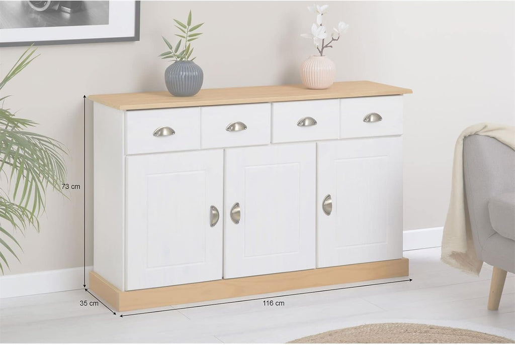 Buffet salle à manger PARIS en bois massif L 116 cm avec 3 portes battantes et 2 tiroirs spacieux, poignées coquille, meuble de rangement pratique, Structure robuste et finition élégante, blanc et bru