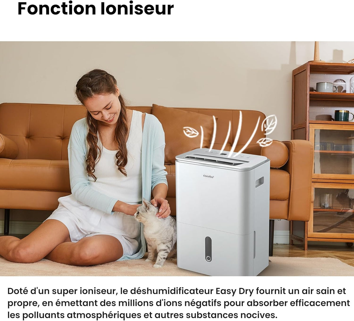 Déshumidificateur 2-EN-1,Elimine l'humidité jusqu'à 16L-Jour, Purification d'air avec ioniseur, 4 Modes, Fonction Air Swing, Contrôle APP, Idéal pour pièces de 29-44㎡, Easy Dry 16