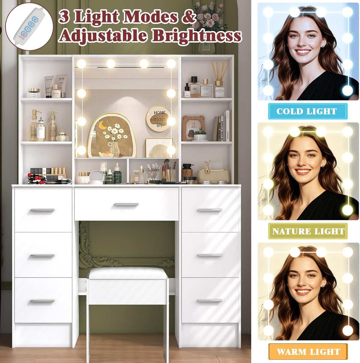 Buildonely Grande coiffeuse avec tabouret, miroir et éclairage, 3 températures de couleur avec luminosité réglable, table cosmétique avec 7 tiroirs, 40 x 100 x 140 cm, SD5210