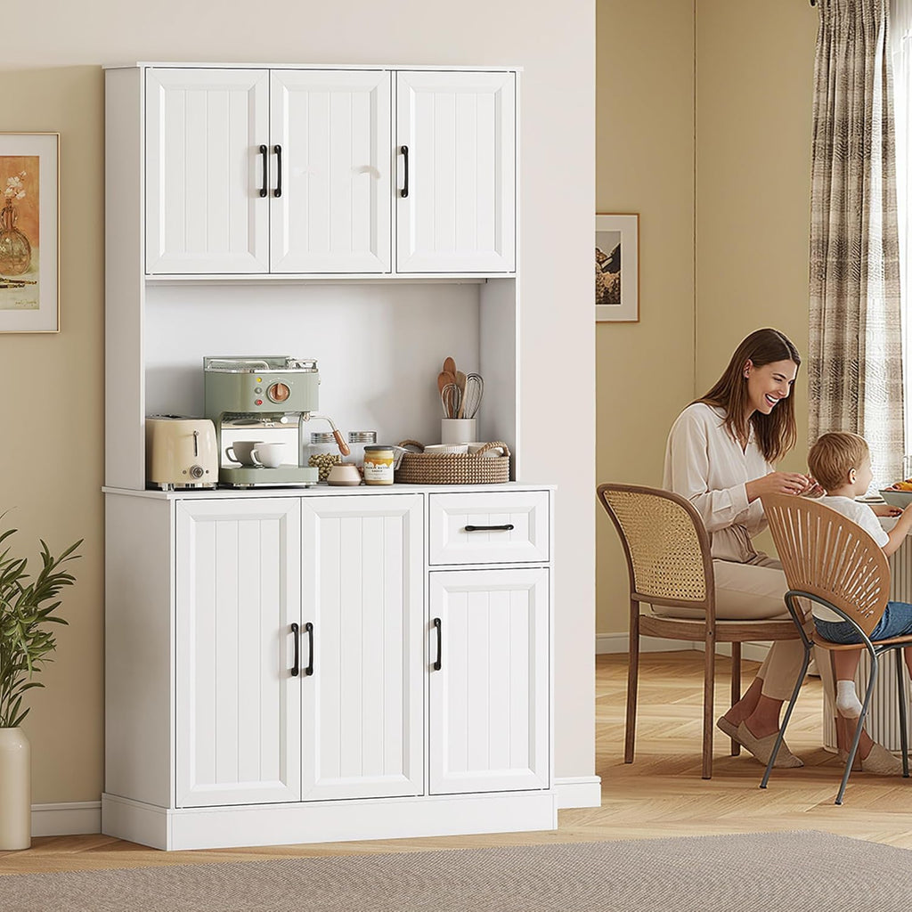 HOMCOM Armoire de cuisine, armoire buffet avec plan de travail, étagères réglables, 6 portes, tiroir, haute garde-manger avec trou de câble, pour cuisine salon salle à manger 100 x 39,5 x