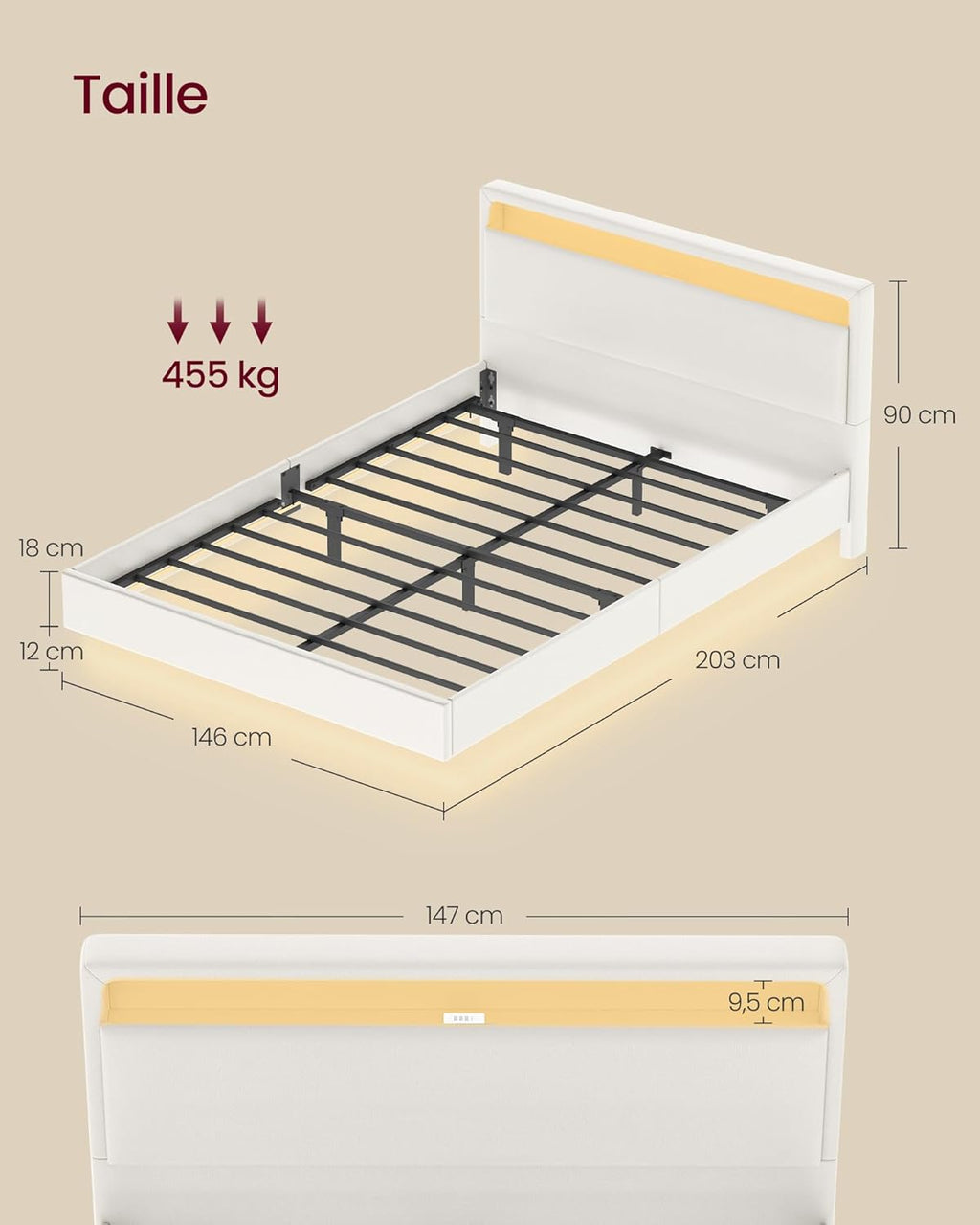 VASAGLE Lit Double 140 x 190 cm, Cadre Flottant avec Éclairage LED, Tête Haute, Multiprise, Style Moderne, Blanc Nuage RMB863W01