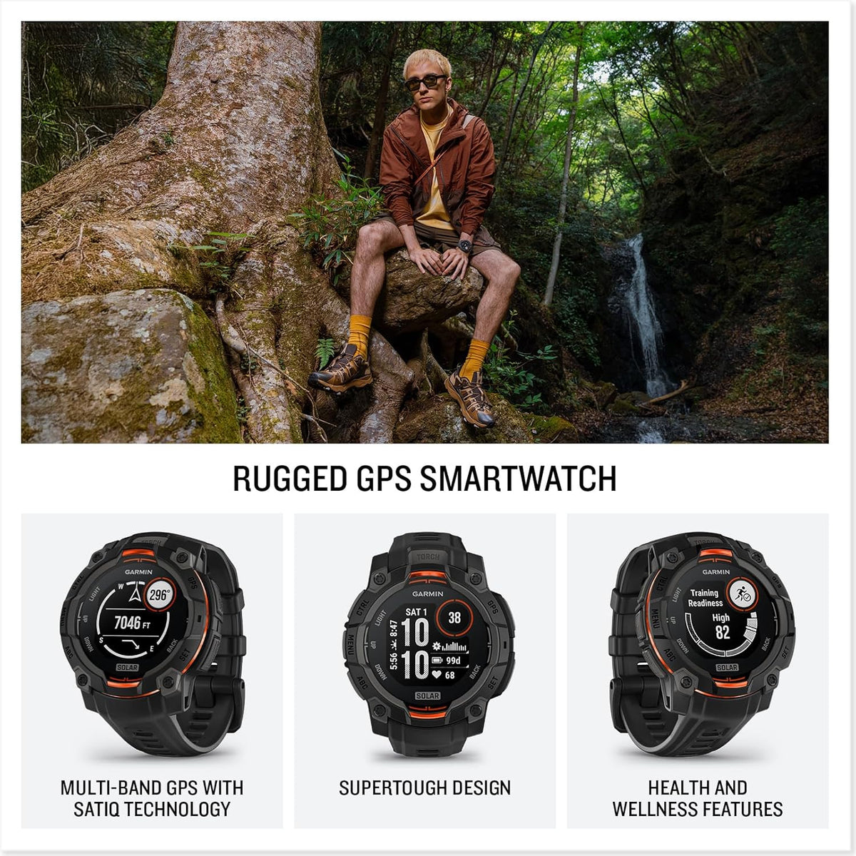 Instinct 3 45 mm, Affichage à Charge Solaire, Montre Intelligente GPS d'extérieur Robuste, Lunette renforcée en métal, Lampe de Poche intégrée, Noir