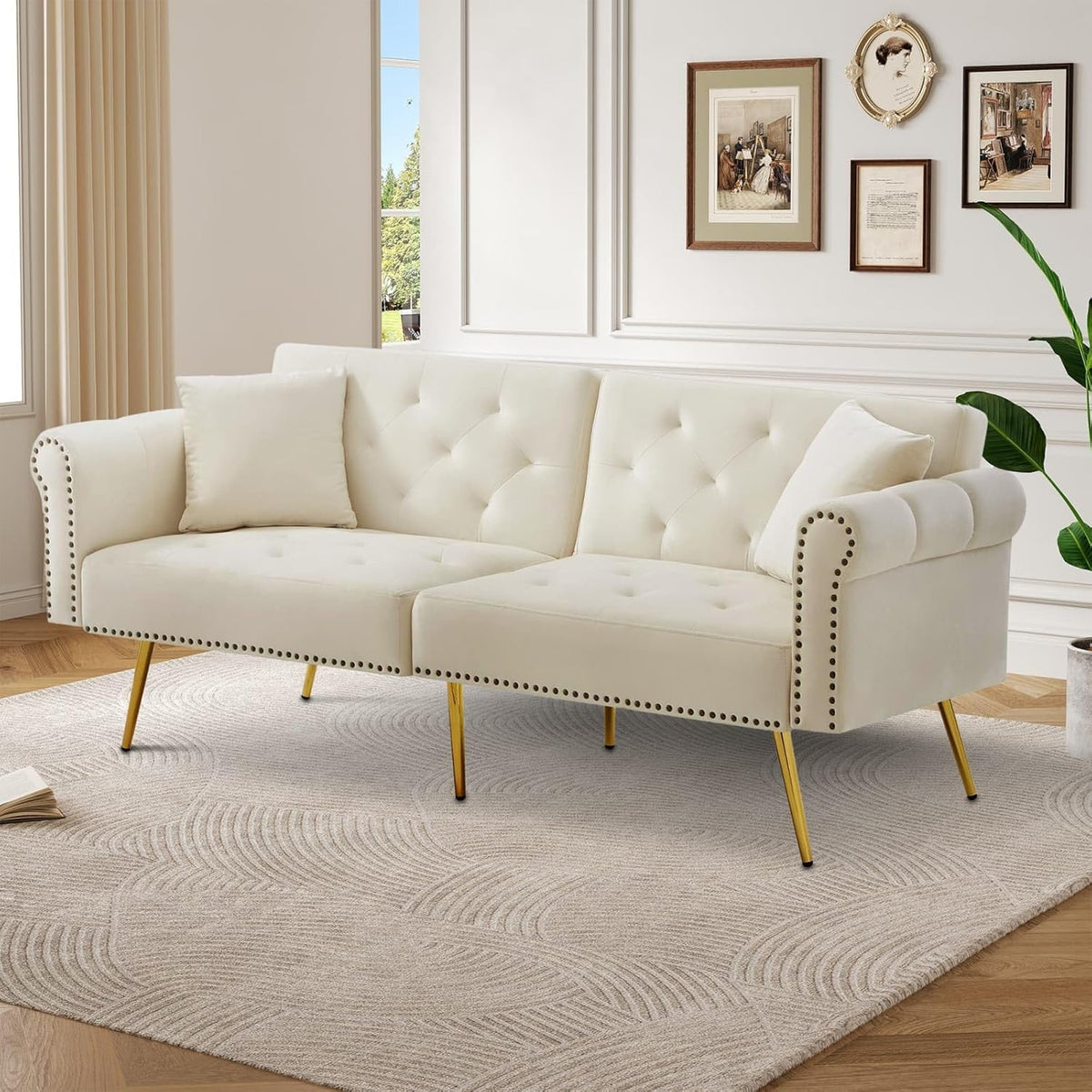 KOMHTOM Canapé-lit avec Dossier Réglable en 3 Positions, Canapé 2 Places élégant avec 2 Coussins et Fonction Sommeil, pour Salon, Chambres à Coucher (Beige)