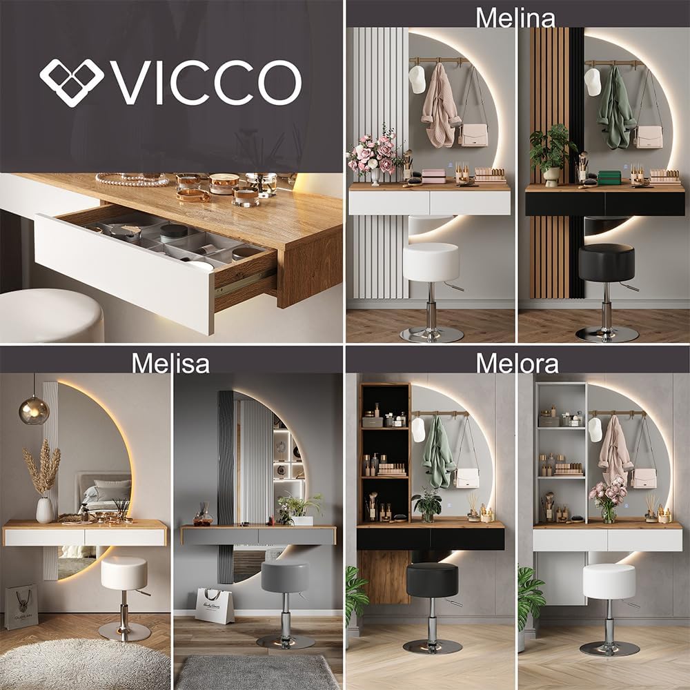 Vicco Coiffeuse Melina, Blanc/chêne, 100cm avec Miroir LED